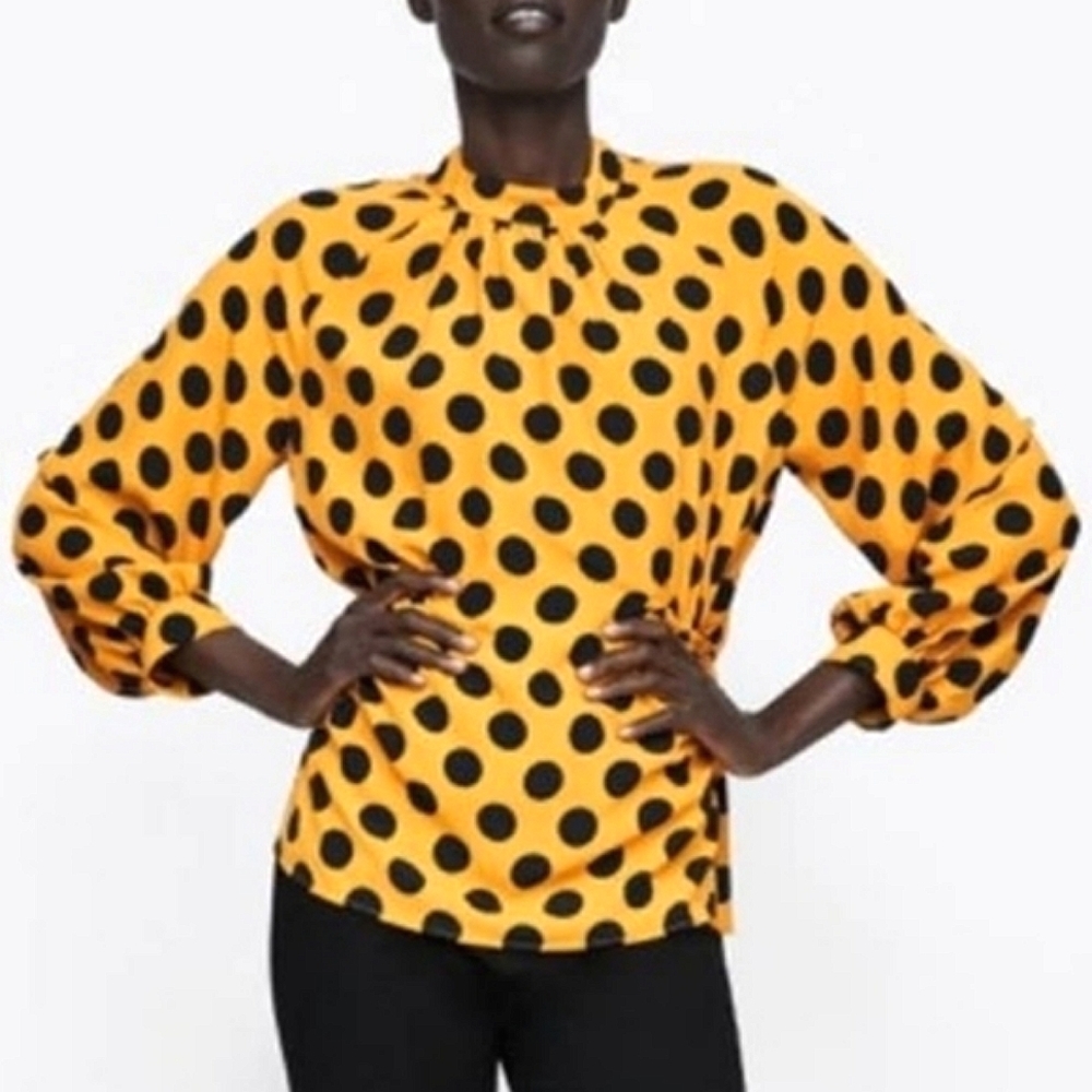 Zara Yellow and Black Polka Dot Blouse